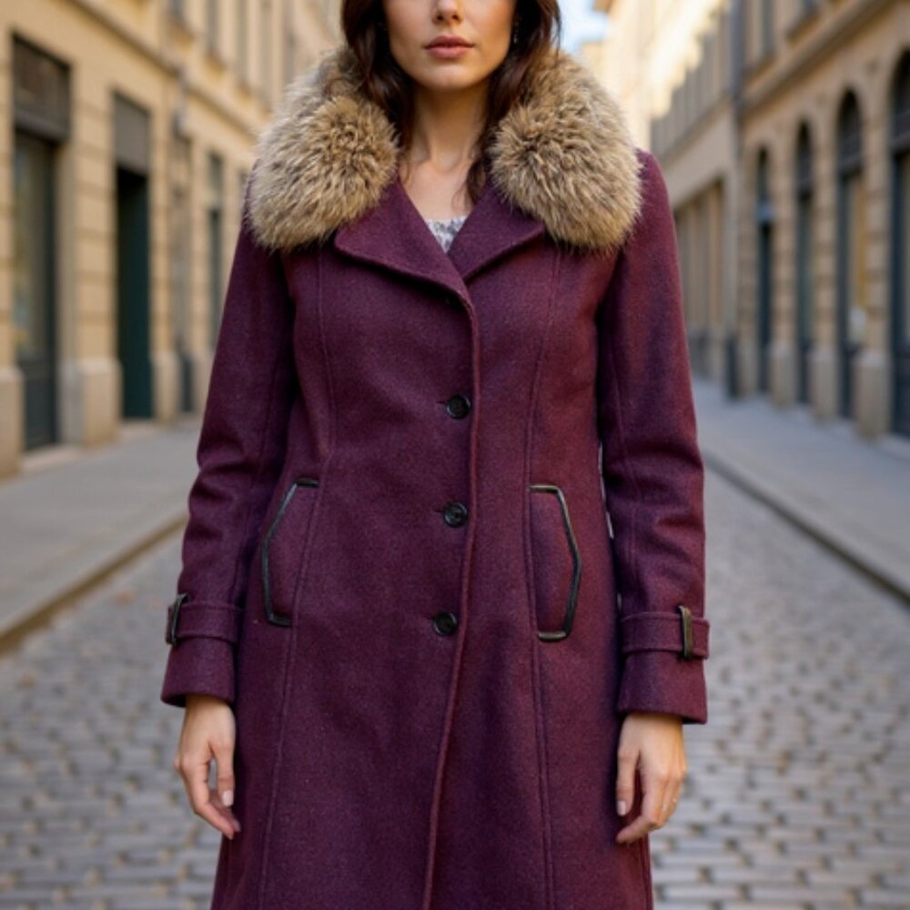 Soia and Kyo Womens Merlot wool jacket with detachable faux fur collar  Size L